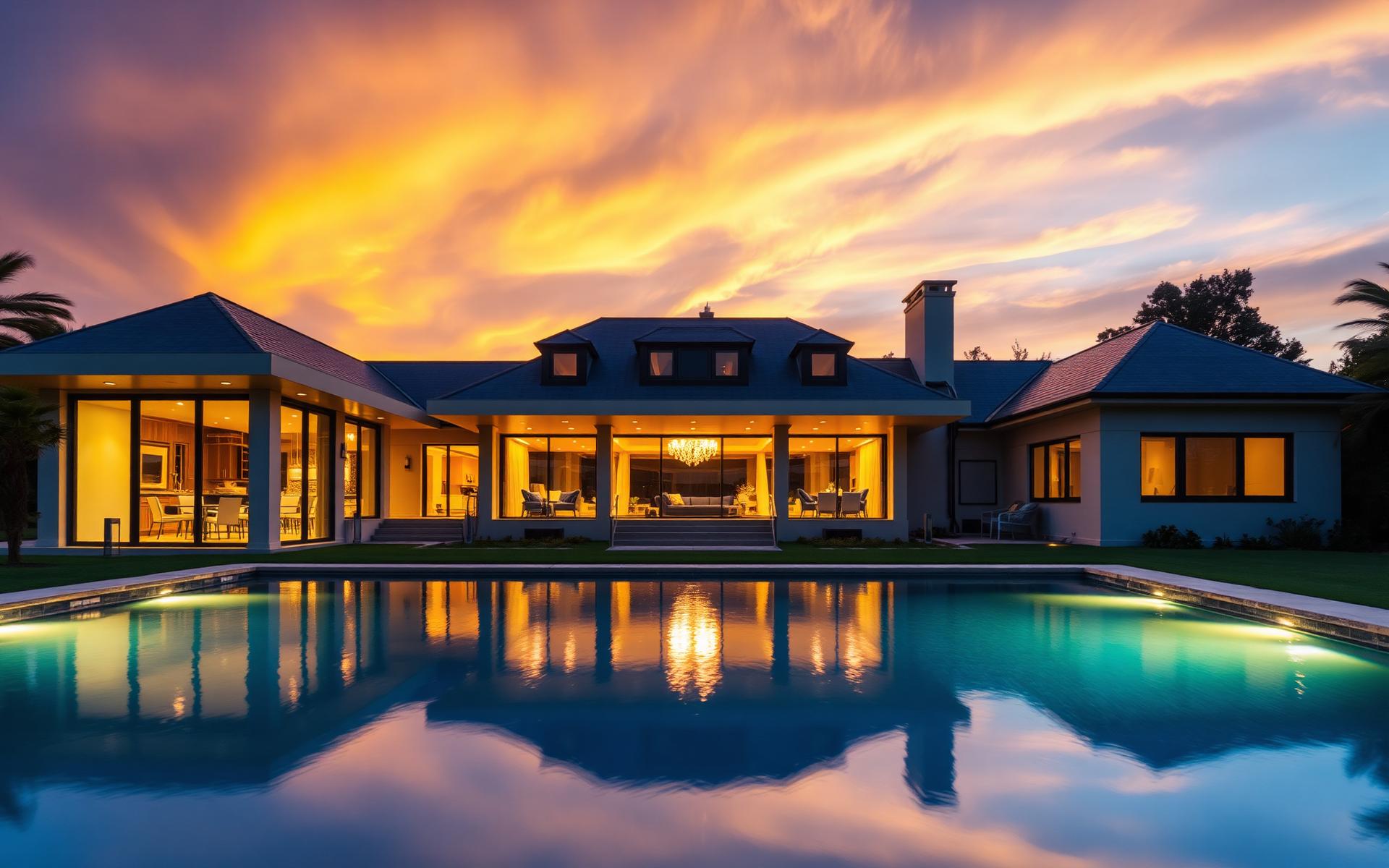 Luxury American estate at dusk